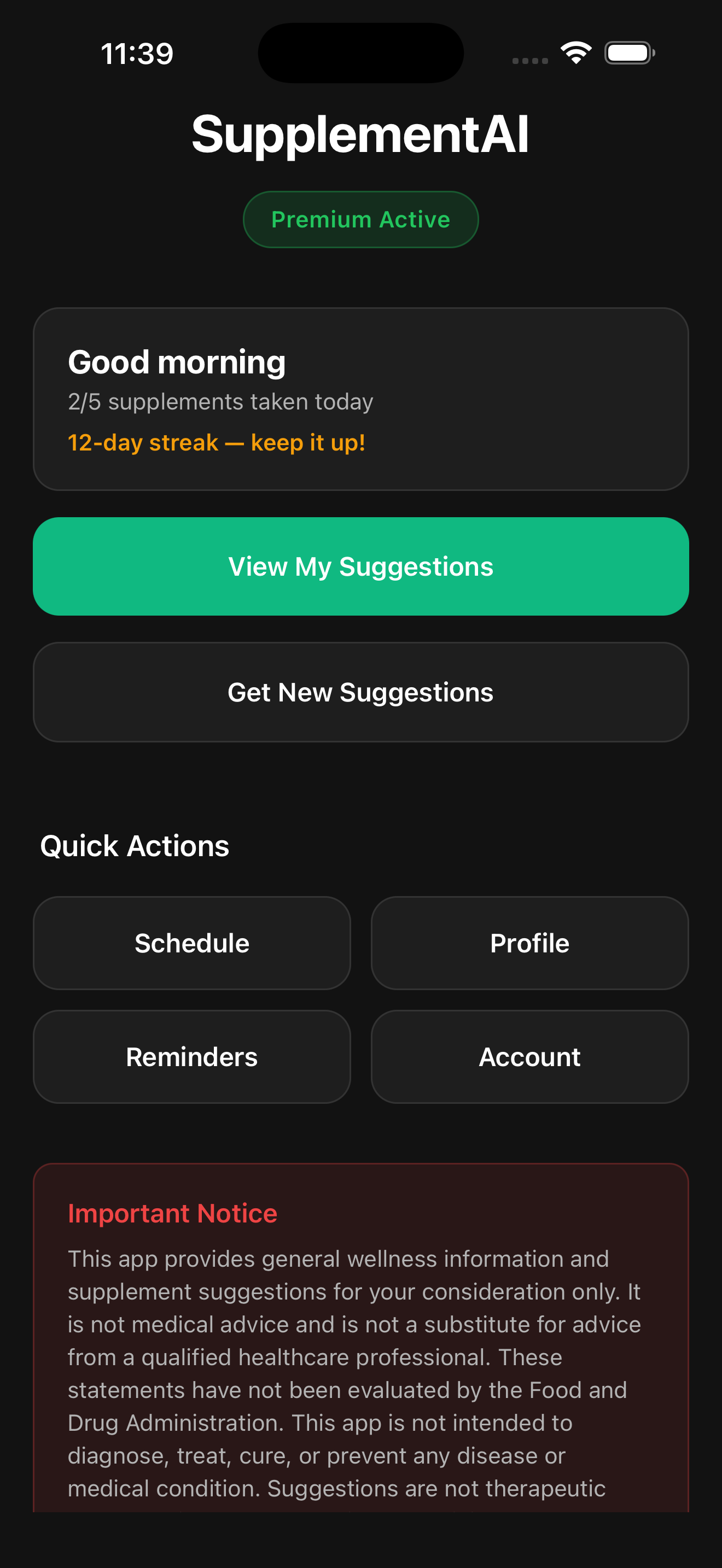 SupplementAI home screen — start personalized supplement suggestions