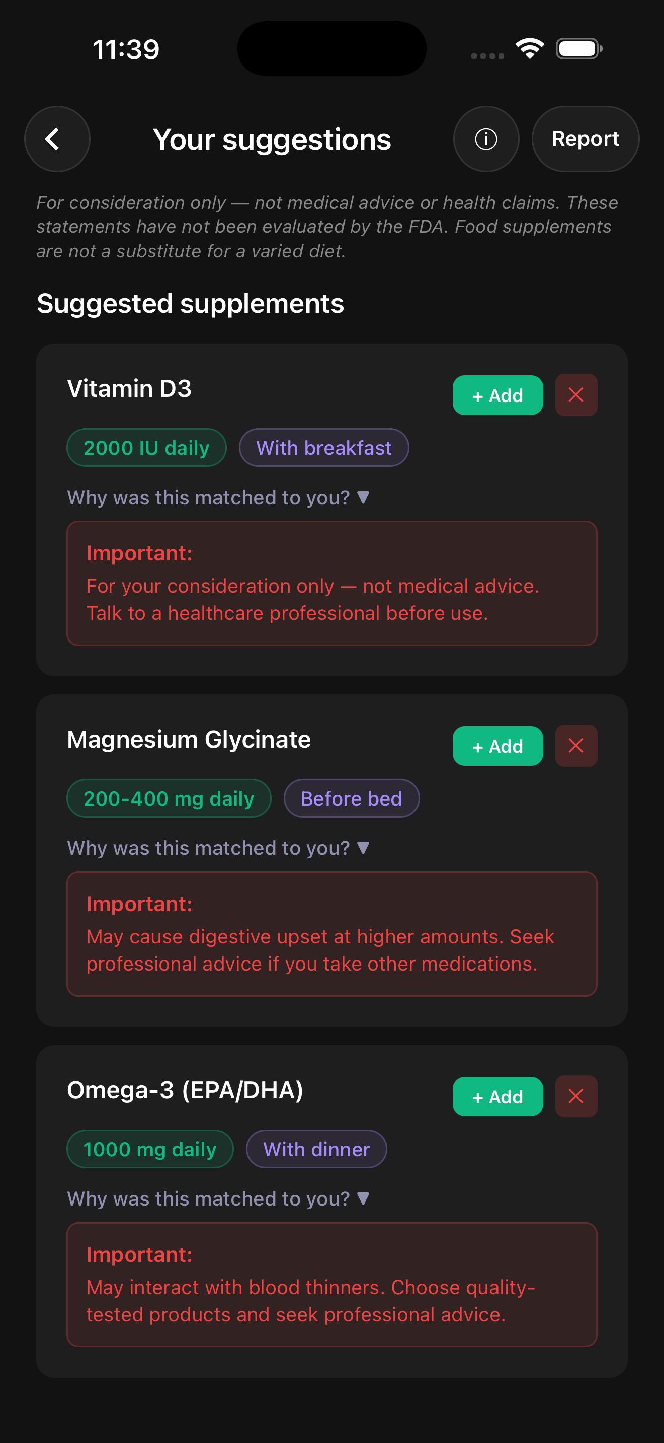 SupplementAI results screen with educational supplement suggestions